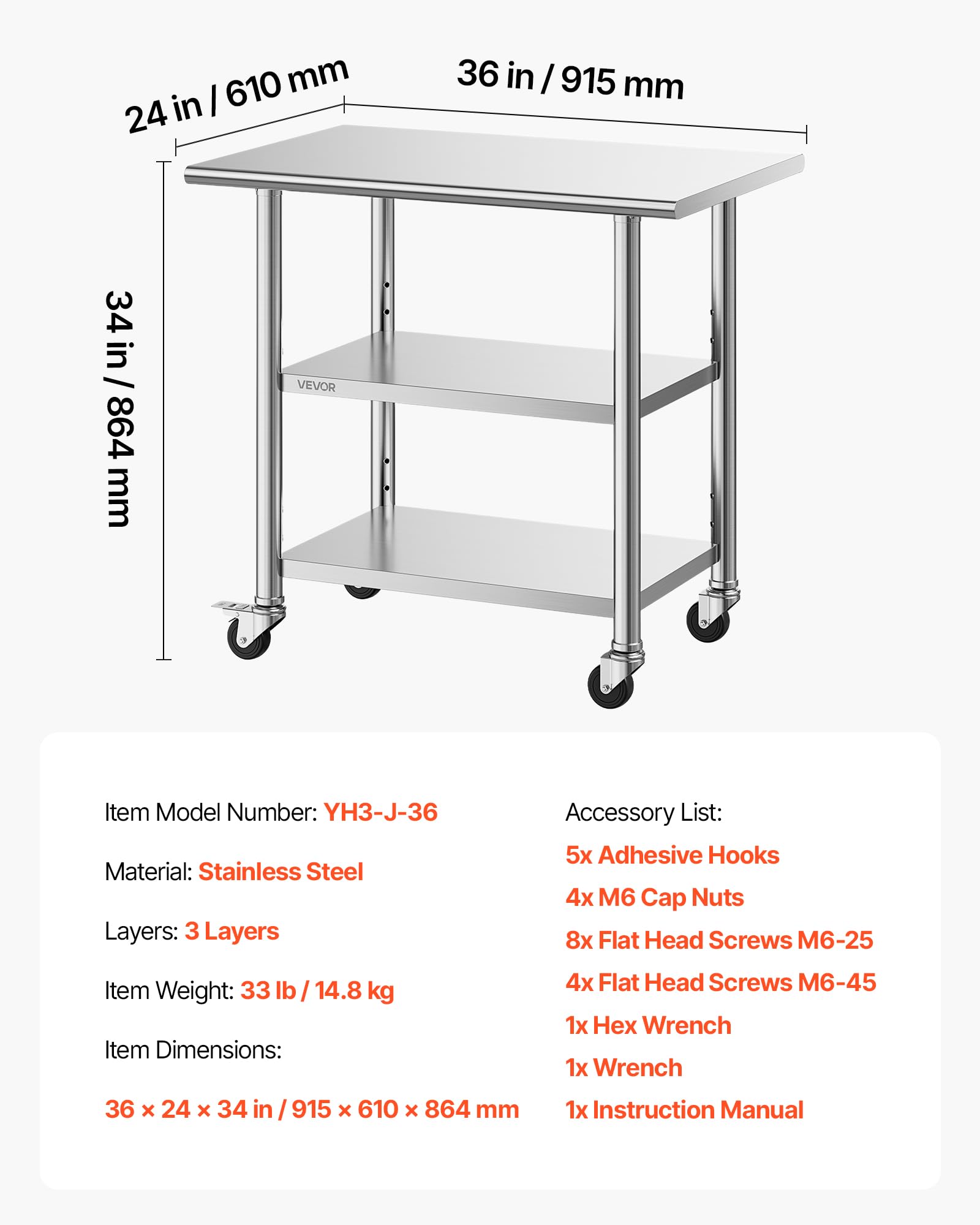 VEVOR Mesa de Preparación con Ruedas 91,5 x 61 x 86,4 cm, Mesa de Trabajo de Acero Inoxidable 3 Niveles, con Estante Ajustable, Bordes Redondeados, para Restaurantes, Hoteles, Cocinas, Garajes