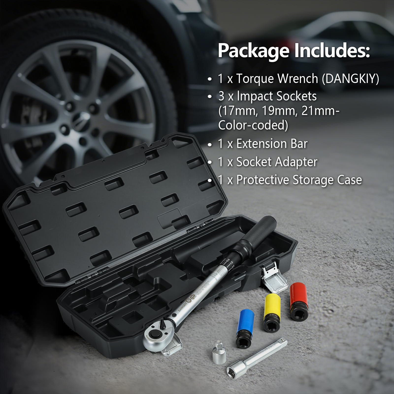 Drehmomentschlüssel Auto, 40–210 N.m Drehmomentschlüssel 1/2 Zoll, 6-tlg. Torque Wrench mit 125 mm Verlängerung, 1/2"-3/8" Adapter & 3 Stecknüssen – Für Reifenwechsel & Motorrad