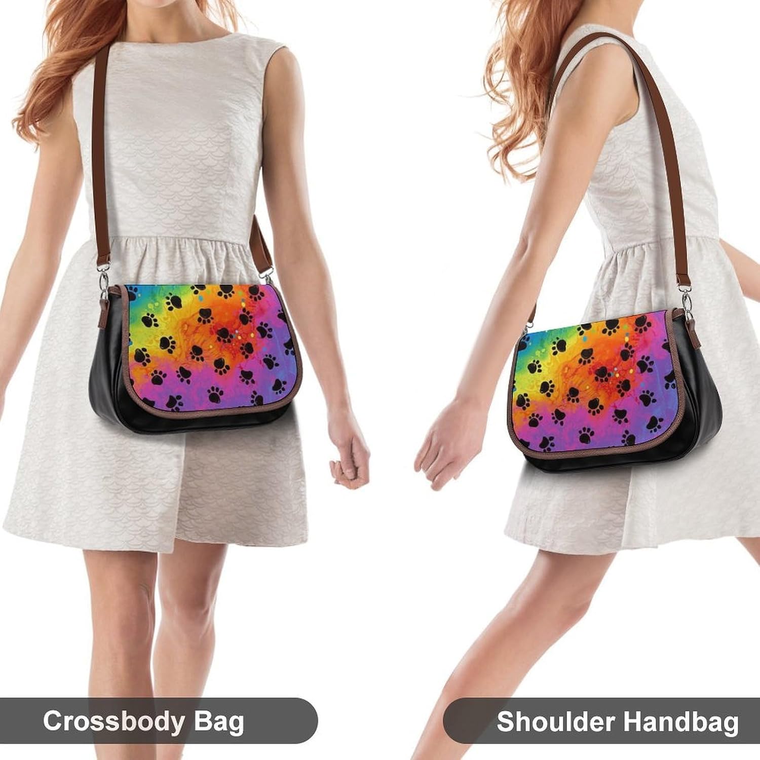 Rainbow PawsWomen's Faux Leather Crossbody Bag, Waterproof Wrinkle-Resistant Shoulder Bag with Detachable Strap, Large Capacity Casual Handbag, Fashion Daily Purse for Shopping Work Dating, Ideal Gift