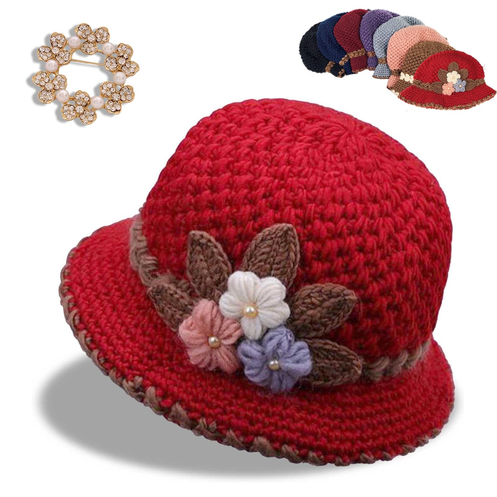 HOPASRISEE Women's Flowers Knitted Woolen Hat, Women's Classic French Beret Warm and Windproof Knitted Crochet Flower Knitting Hat, Breathable Knit Skullcap Ladies Winter Hats (Red)