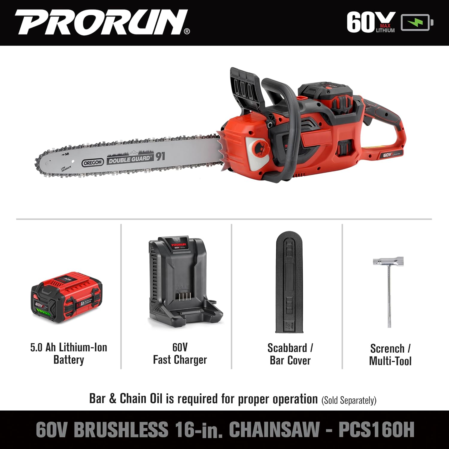 PRORUN 60V 16-in. Brushless Cordless Chainsaw with 5.0 Ah Battery and Charger PCS160H