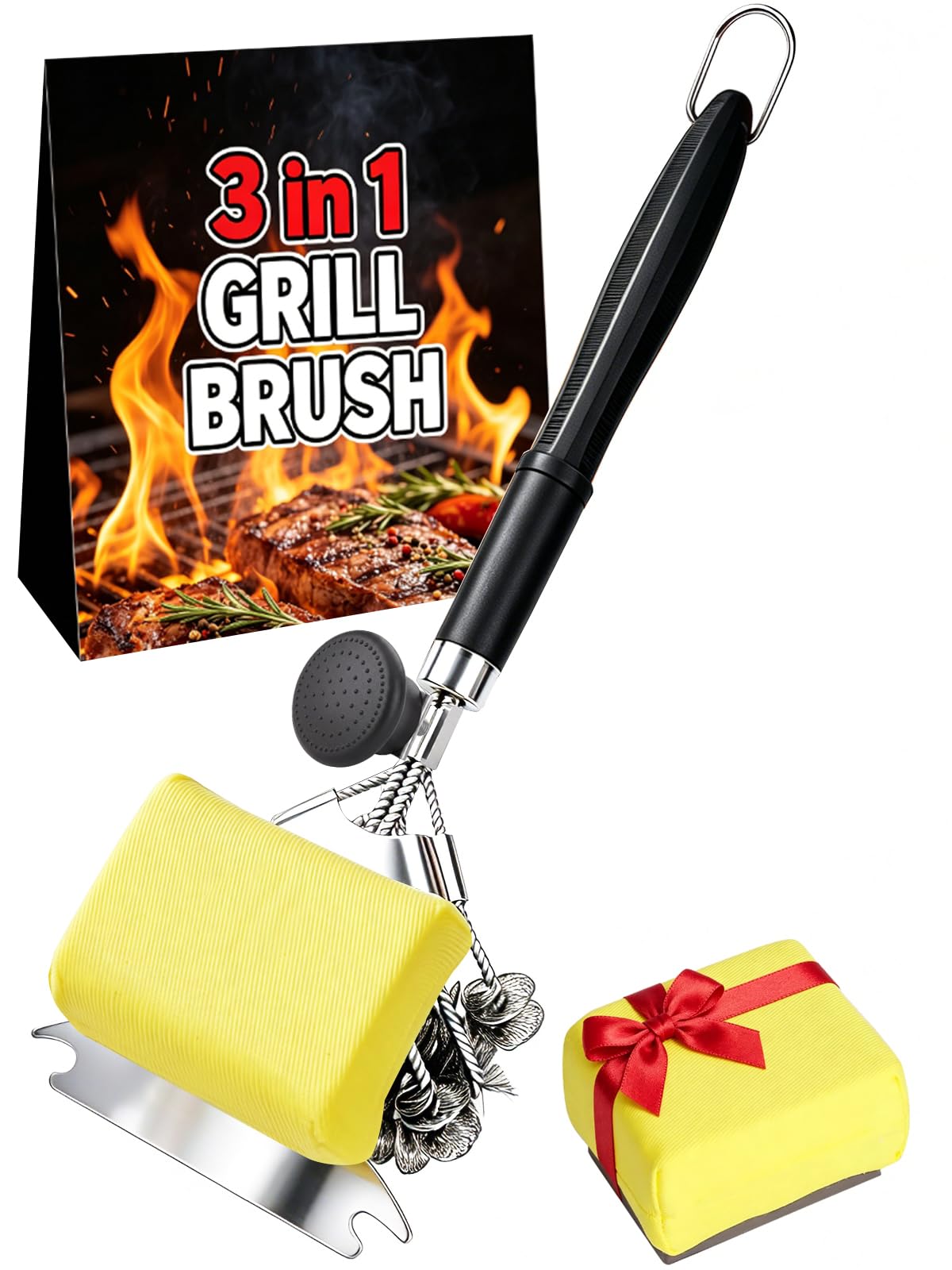 Spazzola magnetica 3 in 1 senza setole e raschietto con manico e blocco, 45,7 cm, rimovibile per barbecue per griglia, essenziale per barbecue estivo 2026, nero