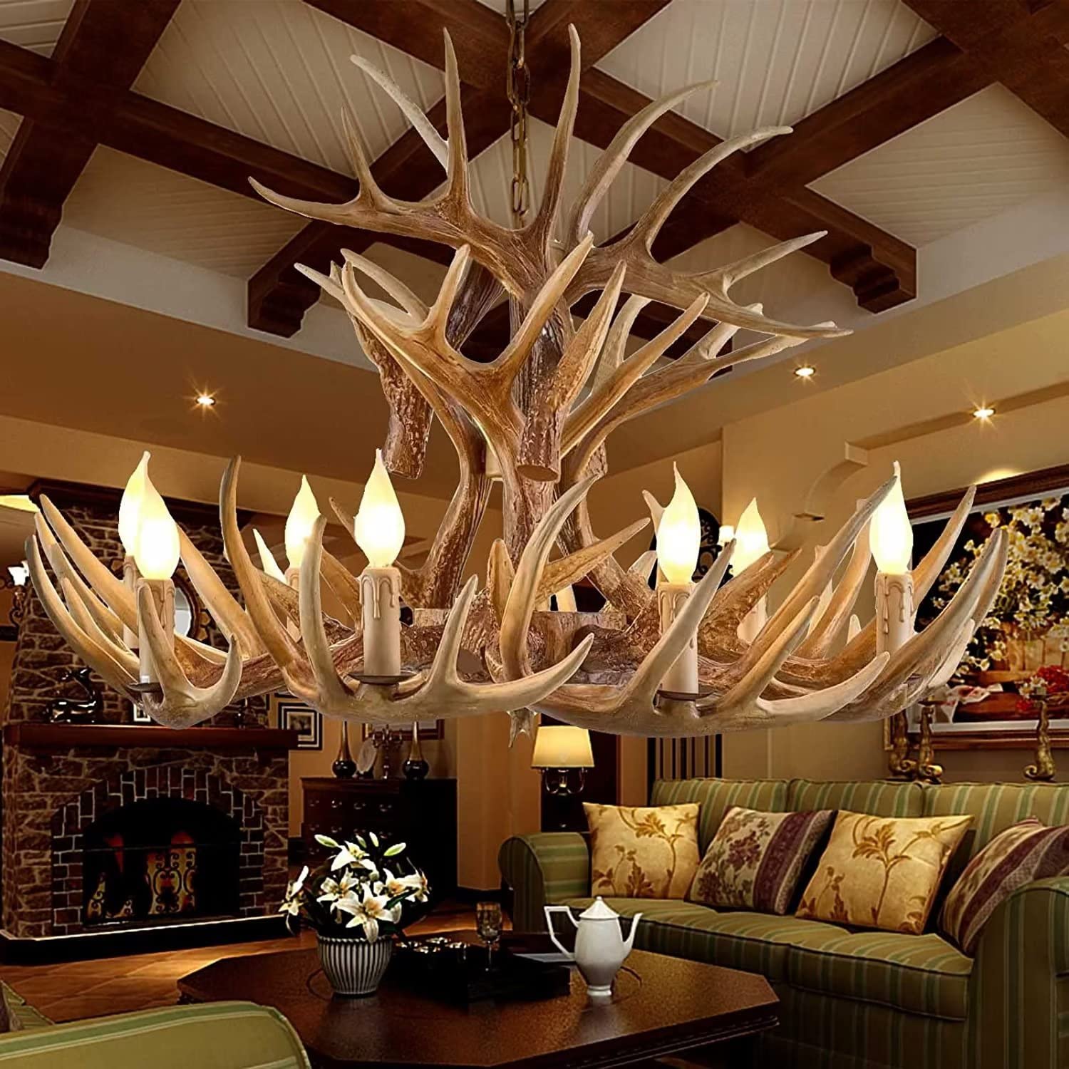 Lustre en bois de cerf vintage, lampe en résine suspendue à 9 lampes