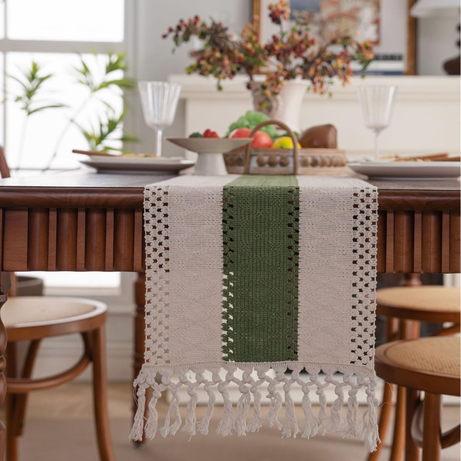 Tischläufer Polybaumwolle Modern, Tischläufer Wohnzimmer 33x220 cm, Zweifarbig Grüne Häkel mit Quasten