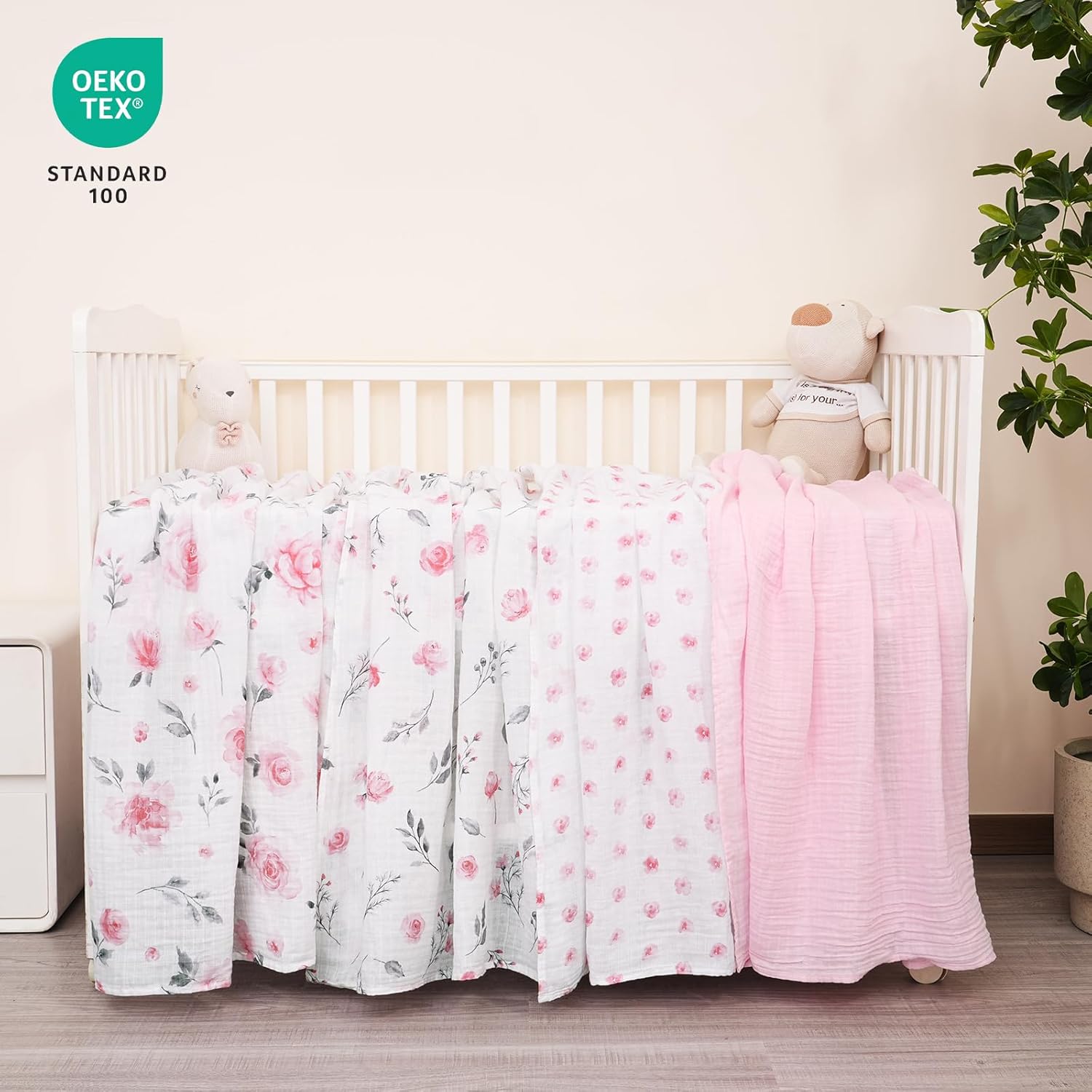 david's kids 4 Pack Baby Muslin Swaddle Blankets, 100% Cotton and Ultra Soft Breathable Receiving Blanket Wrap for Boys Girls, New Born Essentials, Large 47 x 47 inches, Pink Floral - Image 3