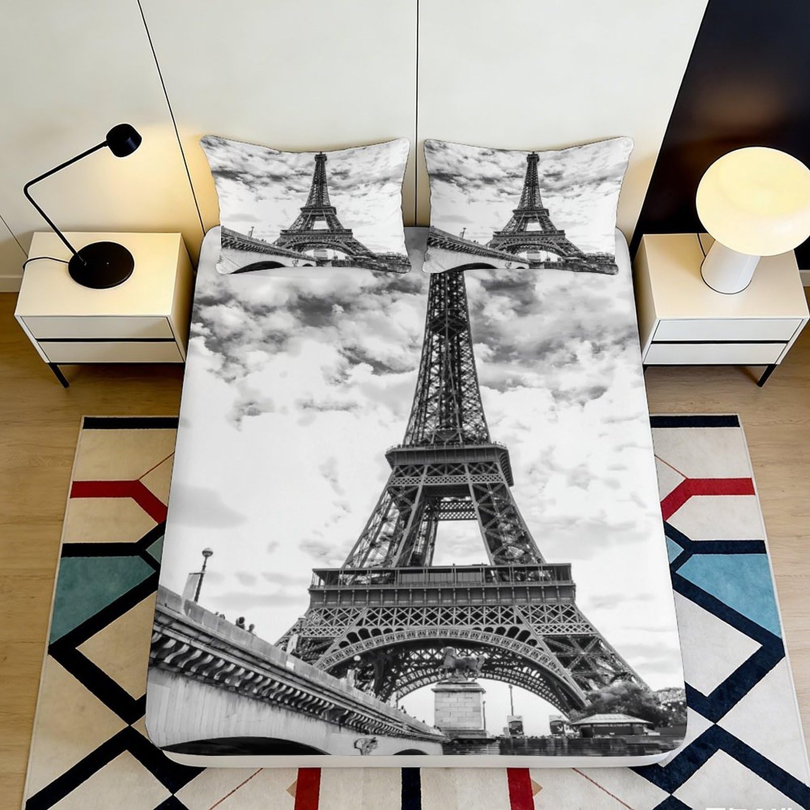 3D Printed Eiffel Tower Fitted Sheet Microfiber Soft Breathable Paris Landmark Bed Cover for Bedroom Dormitory Guest Room Mattress Protection Decor 180x200x25cm