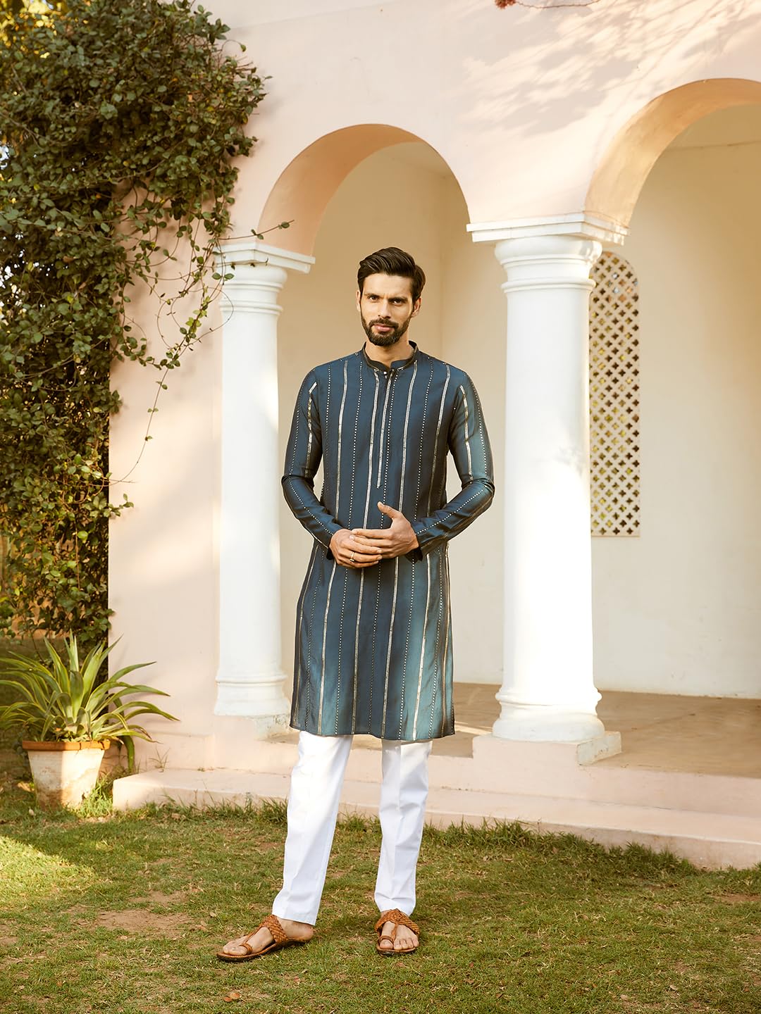 See Designs Men Full Sleeve Teal And Gold Chanderi Silk Sequins Mandarin Collar Side Slit Kurta With Pyjama - SDKT242801S - Image 8 thumbnail