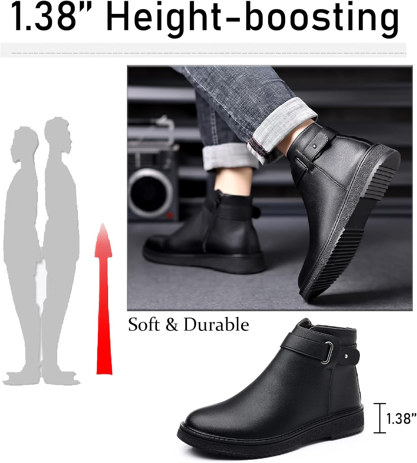 Men's Leather Platform Chelsea Ankle Boots with Side Zipper Fashion Comfortable Anti-Slip Flat Booties for Fall Winter Casual Dress Boots - Image 5