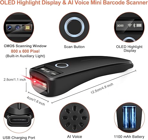 Miniatura 2 de KUIIYER Mini escáner de código de barras Bluetooth, escáneres inalámbricos 2D QR 1D de código de barras con pantalla digital OLED y voz AI, pequeño