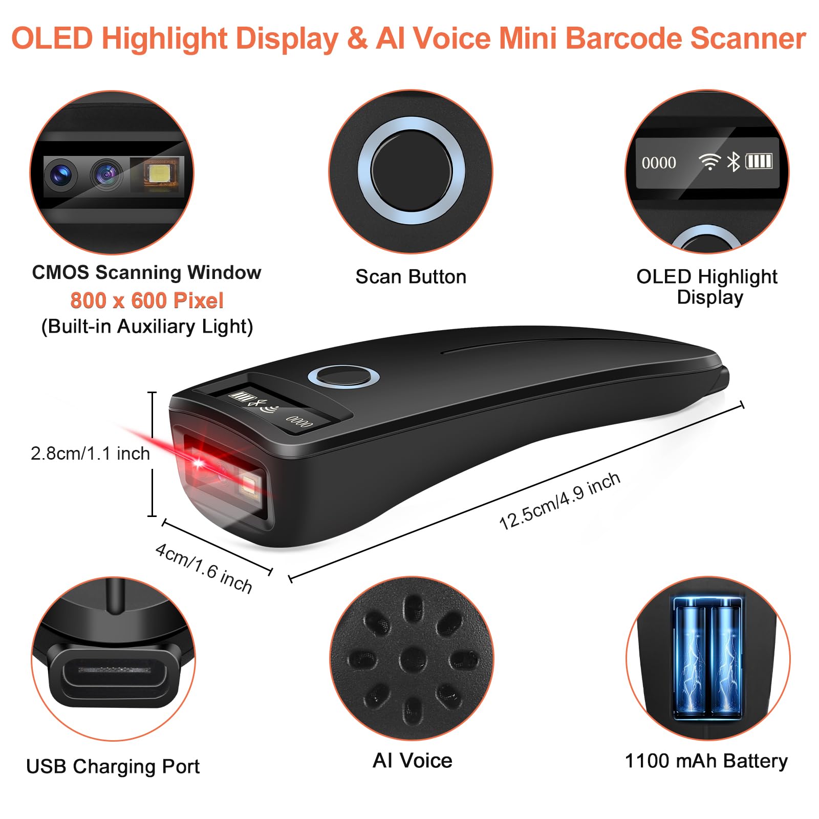 KUIIYER Mini Bluetooth Barcode Scanner, Wireless 2D QR 1D Bar Code Scanners with OLED Digital Display & AI Voice, Small Portable Handheld Barcode Reader for iPhone, Android, iPad, PC Computers & POS