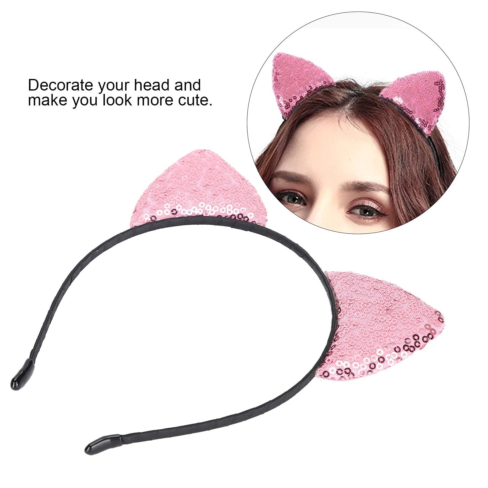 Cerchietto Con Orecchie Di Gatto Glitterate - 18 Cm, Colori Nero E Rosa Con Paillettes, Accessorio Per Capelli Ragazze E Donne