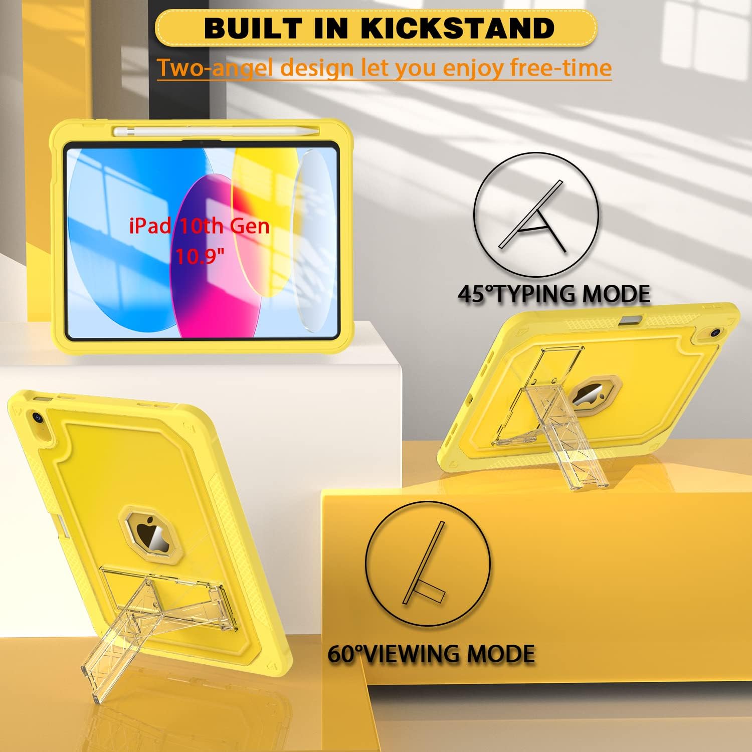 ZoneFoker Case for iPad 11-inch (A16) 2025 / iPad 10th Gen 10.9 inch 2022, Heavy Duty Shockproof Rugged Protective with Pencil Holder, 11th / 10th Translucent Cover with Kickstand, Yellow