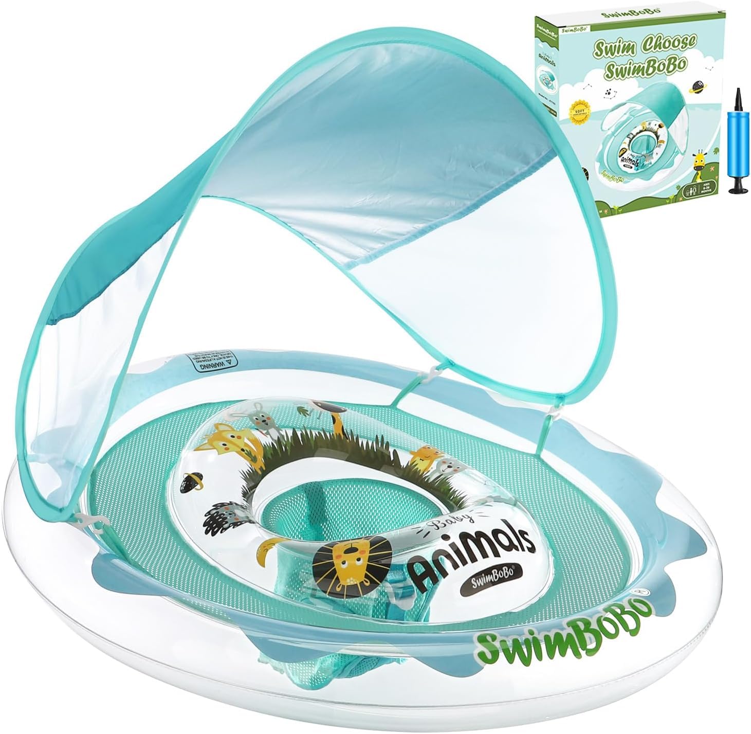 Geegear Baby Pool Float, Baby Swimming Float with Canopy, Auto Inflatable Compressible Folding Pool Baby Float with Underarm Swim Seat Float Trainer, for the Age of 6-36 Months