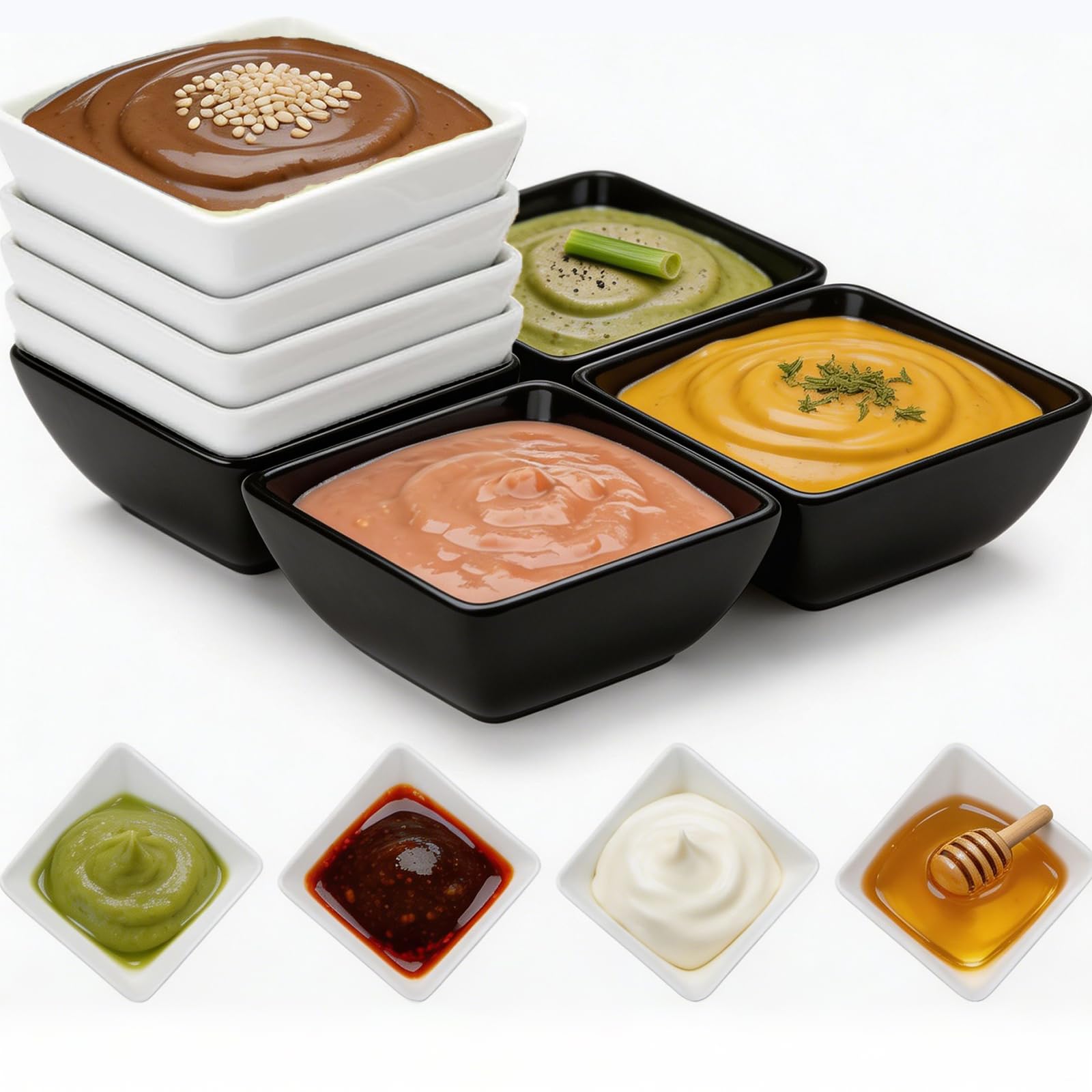 8 Pcs Dipping Bowls, Small Bowls, Square Tapas Dishes, Black and White Tapas Bowls, 110ml Stackable Small Bowl Set, Food-Grade Condiment Dishes for Sauce, Snack and Seasoning Kitchen Daily Use