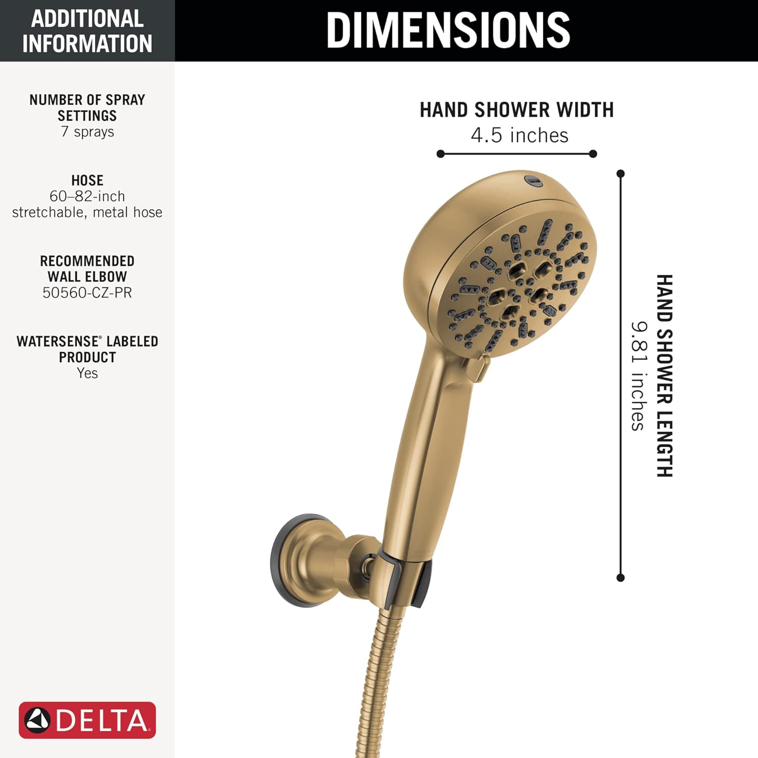 Delta 7-Setting Brushed Gold Wall-Mount Handheld Shower Head with ProClean Spray, Hand Held Shower Head and Hose with High Pressure Spray, Lumicoat Chrampagne Bronze 55884-CZ-PR