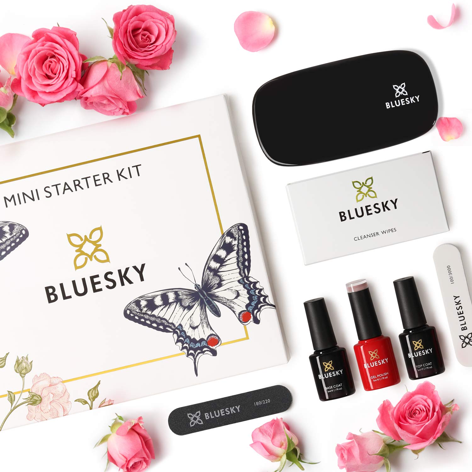 Bluesky Kit per unghie in gel con mini lampada a LED UV, A044, smalto gel rosa muschio, set base e top coat, lime per unghie, tampone, salviettine detergenti