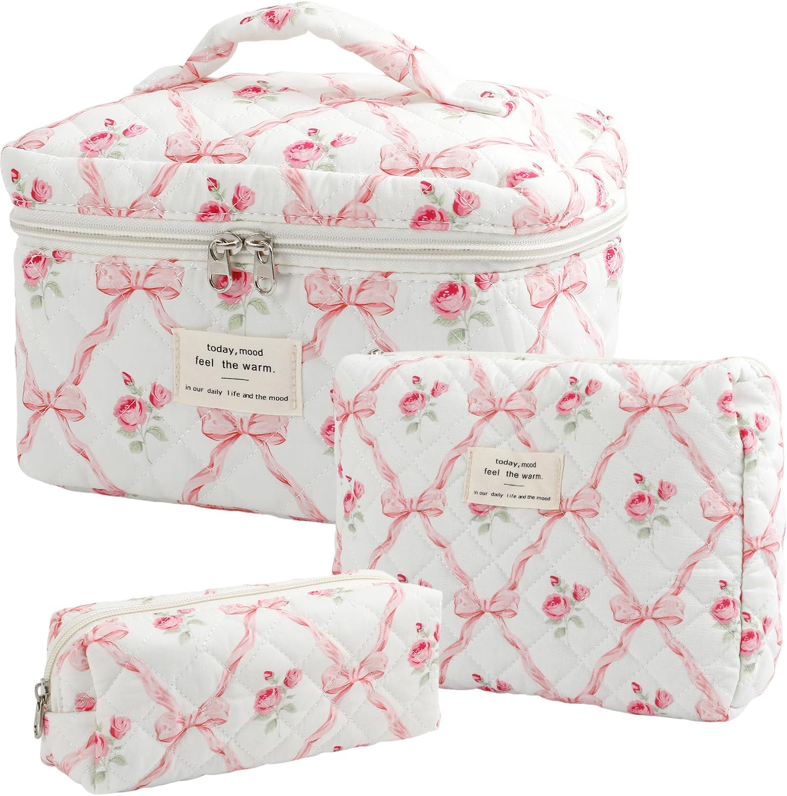 Large Quilted Makeup Bag for Women and Girls, Cute Coquette Floral Cotton Cosmetic Bag, Aesthetic Travel Organized Toiletry Bags (pink bows)