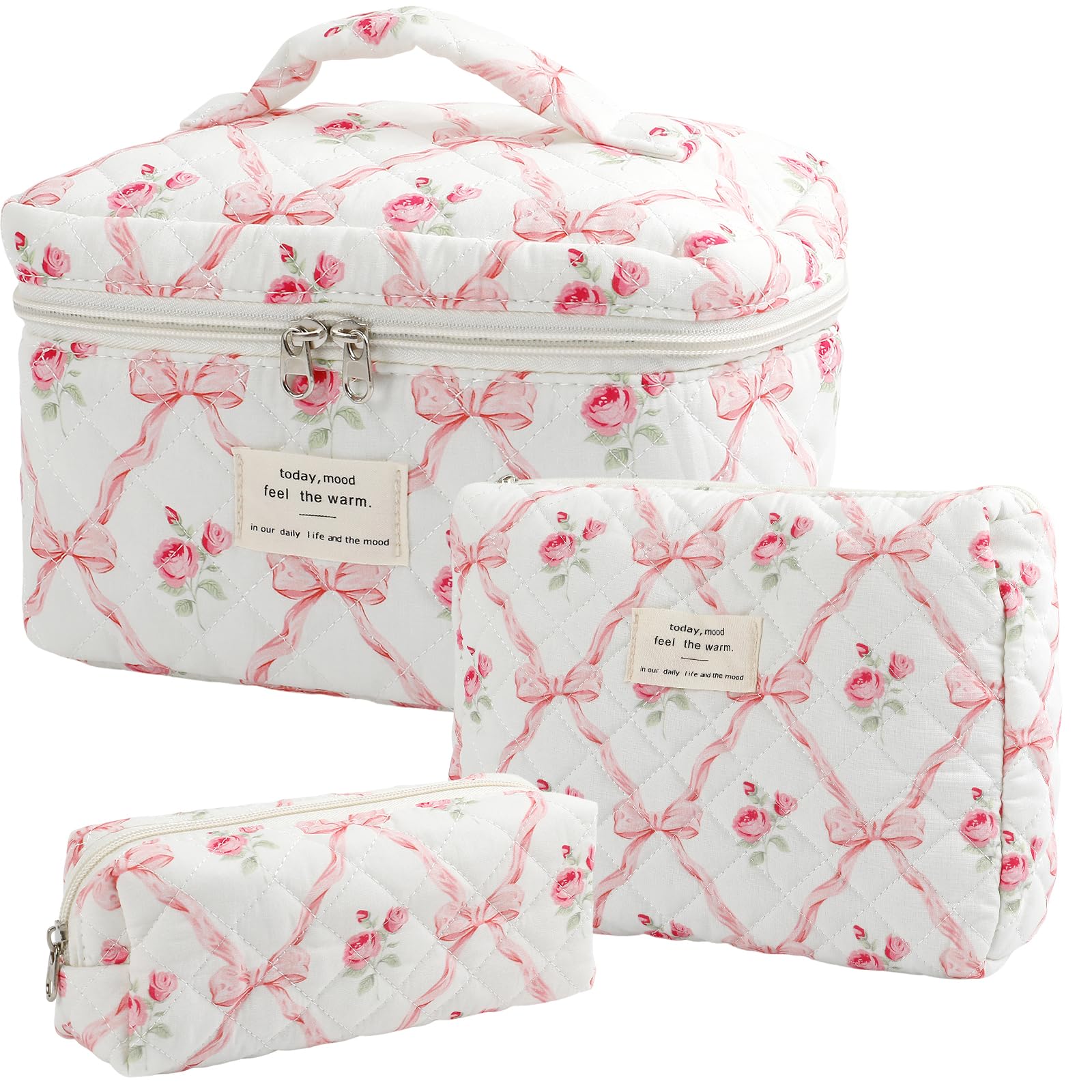 Large Quilted Makeup Bag for Women and Girls, Cute Coquette Floral Cotton Cosmetic Bag, Aesthetic Travel Organized Toiletry Bags (pink bows)