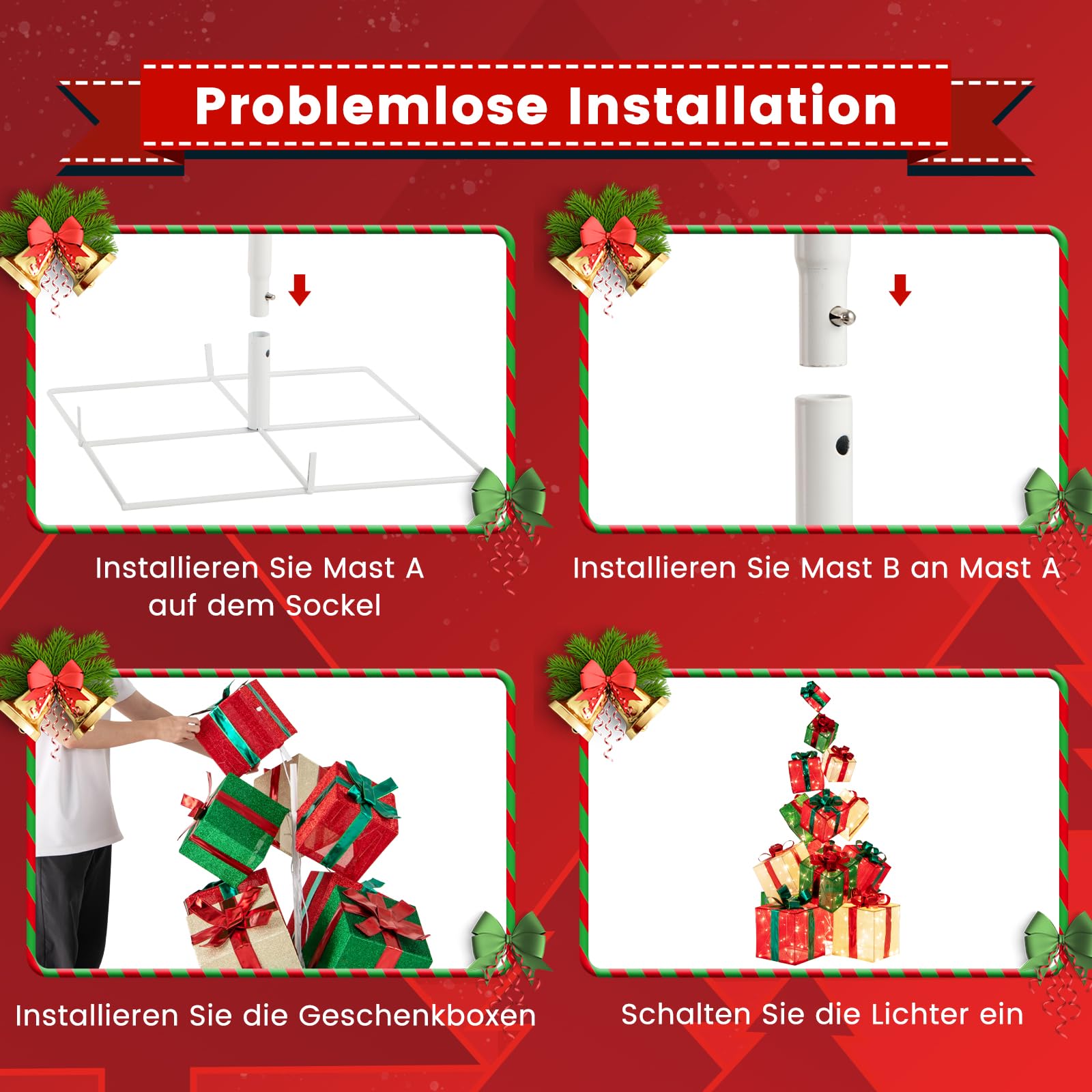 GOPLUS 15er Set LED Geschenkbox, 170cm Weihnachtsboxen Deko stapelbar mit 450 Lichtern, beleuchtete Weihnachtsdeko mit Schleifen & Metallständer für Weihnachtsbaum Zuhause Schaufenster Gartenrasen