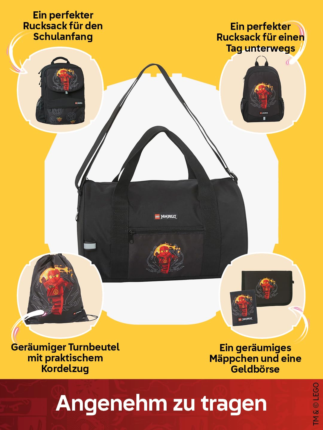 LEGO® NINJAGO® Schulranzen Jungen 1. Klasse Set Red –6-teilig LEGO NINJAGO Set mit Schulrucksack Jungen, Turnbeutel, Federmäppchen Junge, Geldbörse & Sporttasche