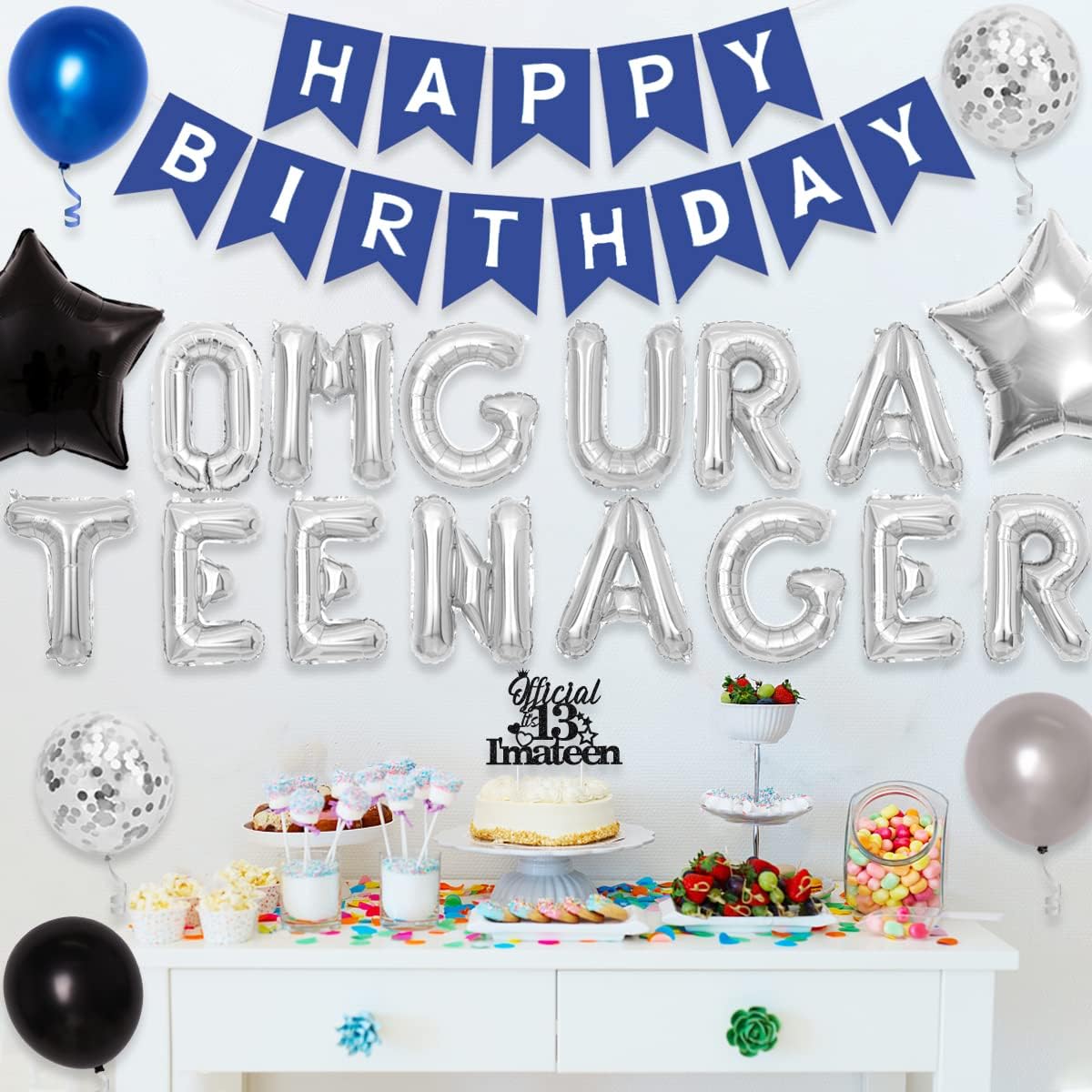 13th Birthday Party Decorations for Boys Blue OMG U A Teenager Balloon Banner 13th Birthday Party SuppliesCake Topper Happy 13 Birthday Mean Party Decorations