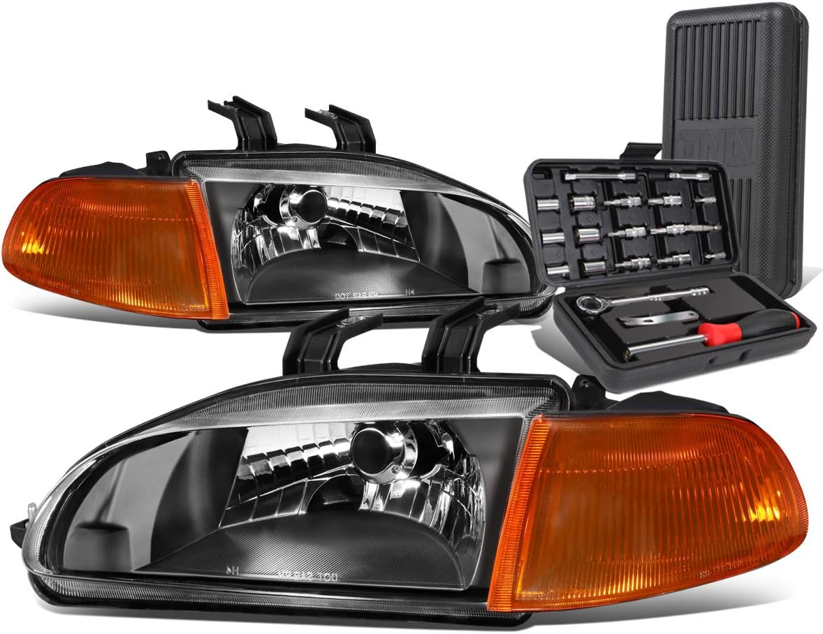 Auto Dynasty Black Housing Clear Corner Headlight Head Lamps+Tool Kit Compatible with Honda Civic 2/3Dr 92-95