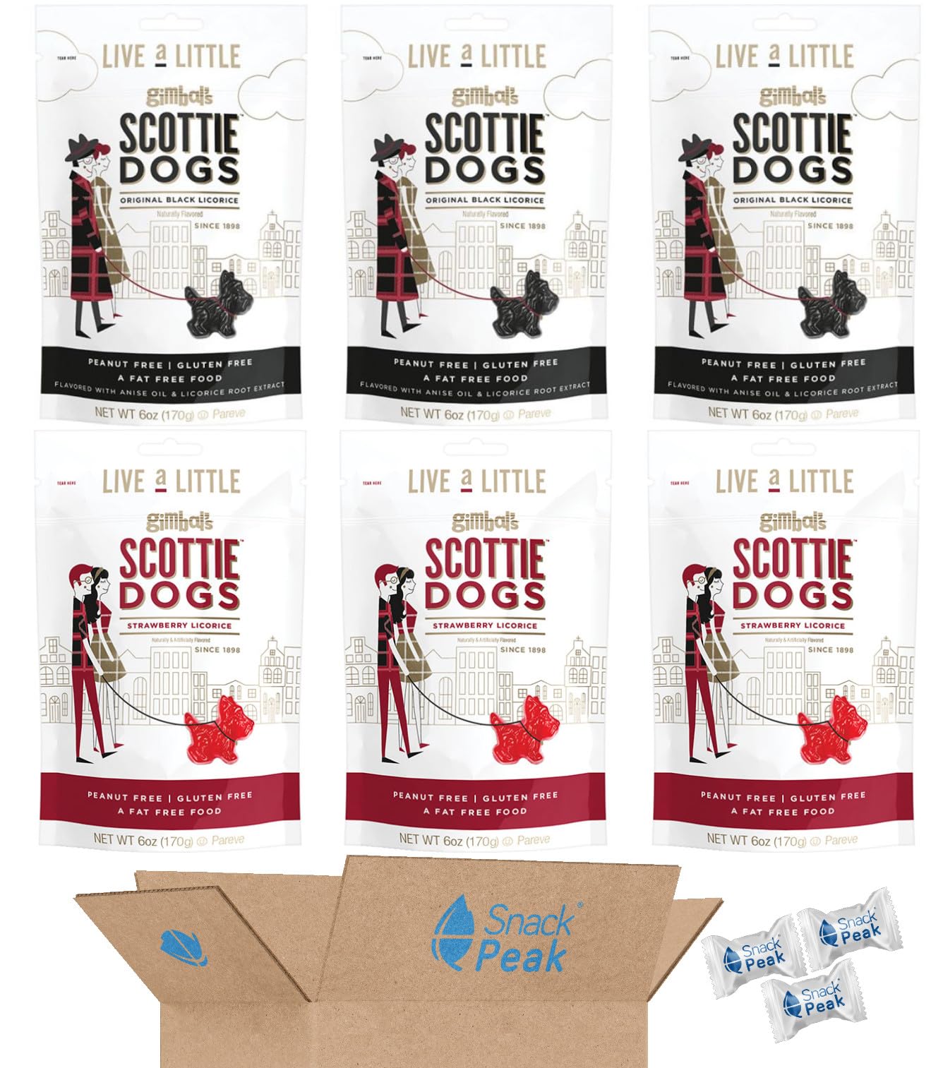 Gimbal’s Scottie Dogs Licorice Snack Peak Variety Gift Box (6 – 6 oz Bags) – Black and Strawberry