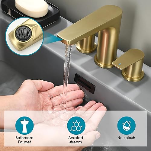 Miniatura 4 de Grifos de baño de 3 agujeros, oro cepillado de 8 pulgadas, grifo de lavabo de baño generalizado, con desagüe desplegable y suministro de agua,