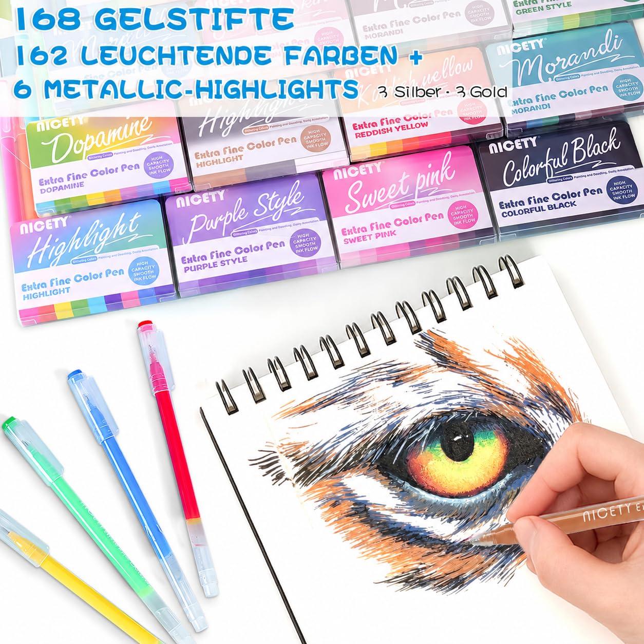 NICETY 168 Gelstifte Set – Gel Pens Gelschreiber mit 0,5mm Feiner Spitze & 162 Farben (159 Farben + 3 Weiß/3 Silber/3 Gold) – Gel Stift Set zum Malen, Schreiben & Journaling für Erwachsene & Kinder