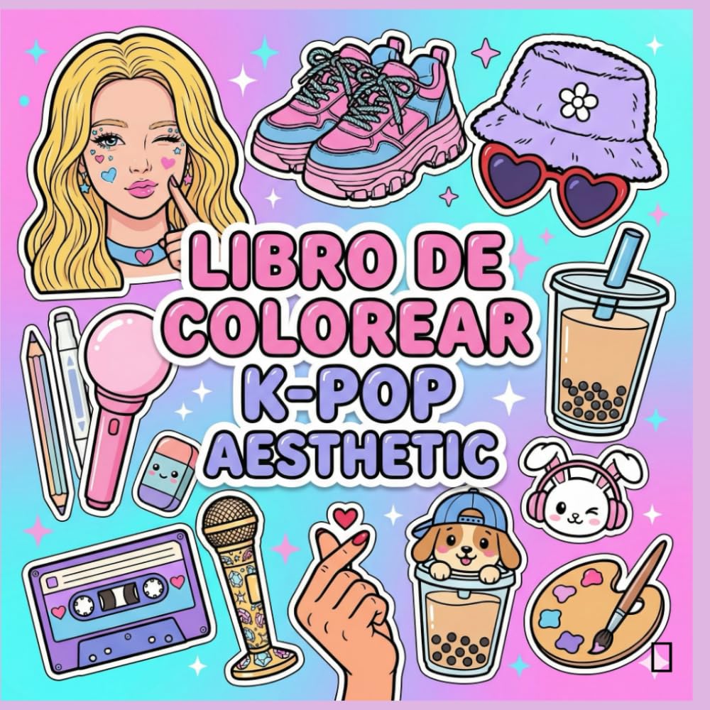 LIBRO DE COLOREAR K-POP AESTHETIC: Libro de Colorear Cute para Adolescentes, infantil y Adultos: 60+ Ilustraciones Bold & Easy con Moda K-Pop, Decoración Cozy, Snacks y Mascotas para Relajarse