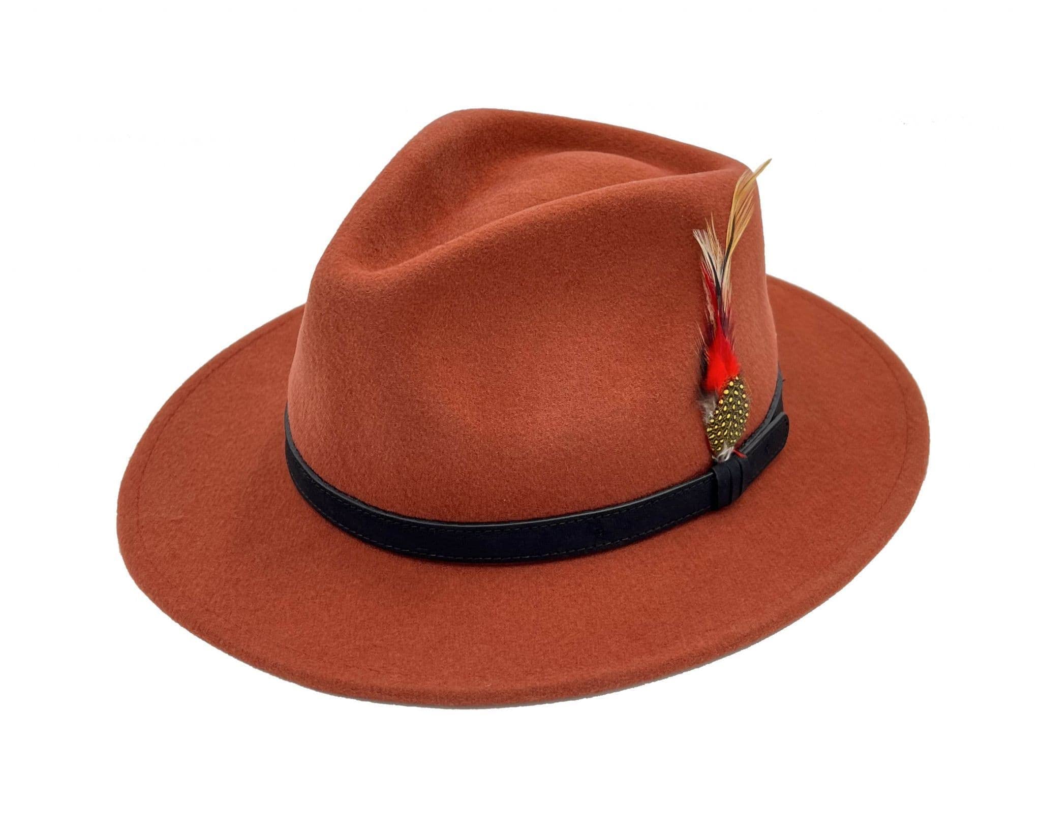 Fairy Trendz Unisex Burnt Orange Mens Trilby Adjustable Band Feather Fedora Hat Womens Wool Cowboy Style Party Wear Hat