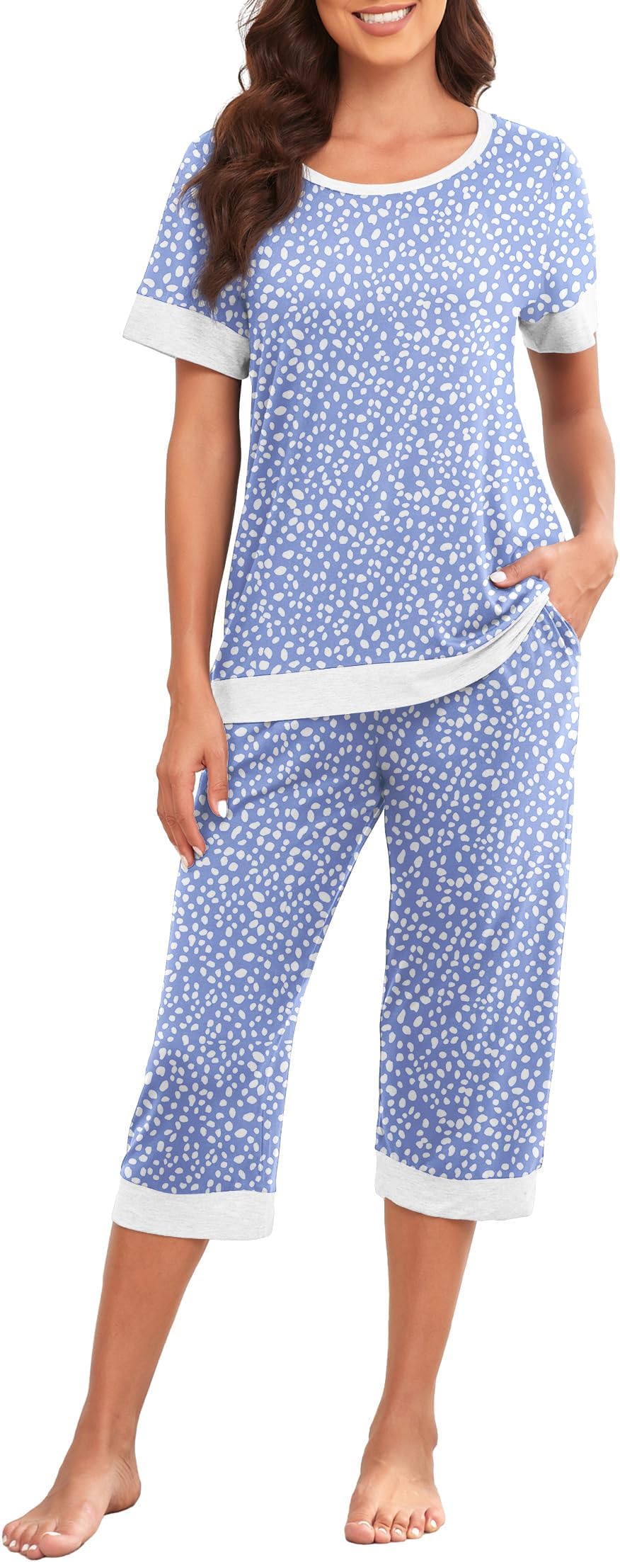 Women's Pajama Set Short Sleeve Shirt and Capri Pants Sleepwear Pjs Sets Lounge Set