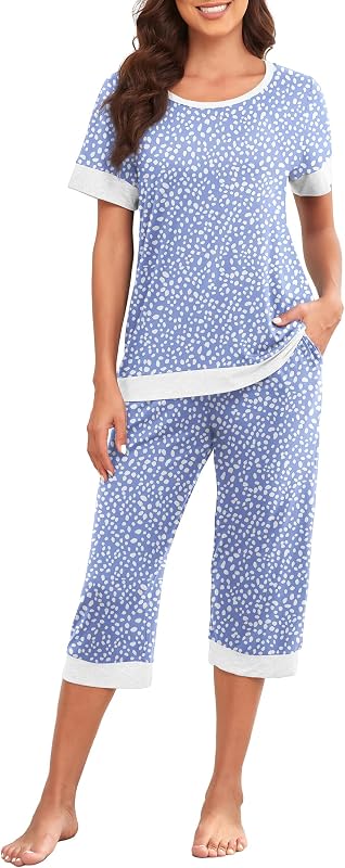 PrinStory Pajamas for Women Set Capri Pjs Soft Lounge Sets S-4XL | Short Sleeve Shirt and Capri Pants with Pockets, Breathable and Stretchy Fabric, 2 Piece Summer Pajamas, Soft Sleepwear