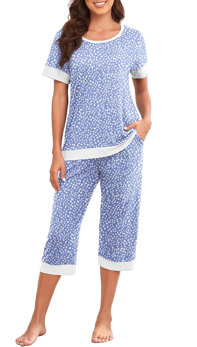 PrinStory Womens Pajama Set Short Sleeve Shirt and Capri Pants Sleepwear Pjs Sets Lounge Set