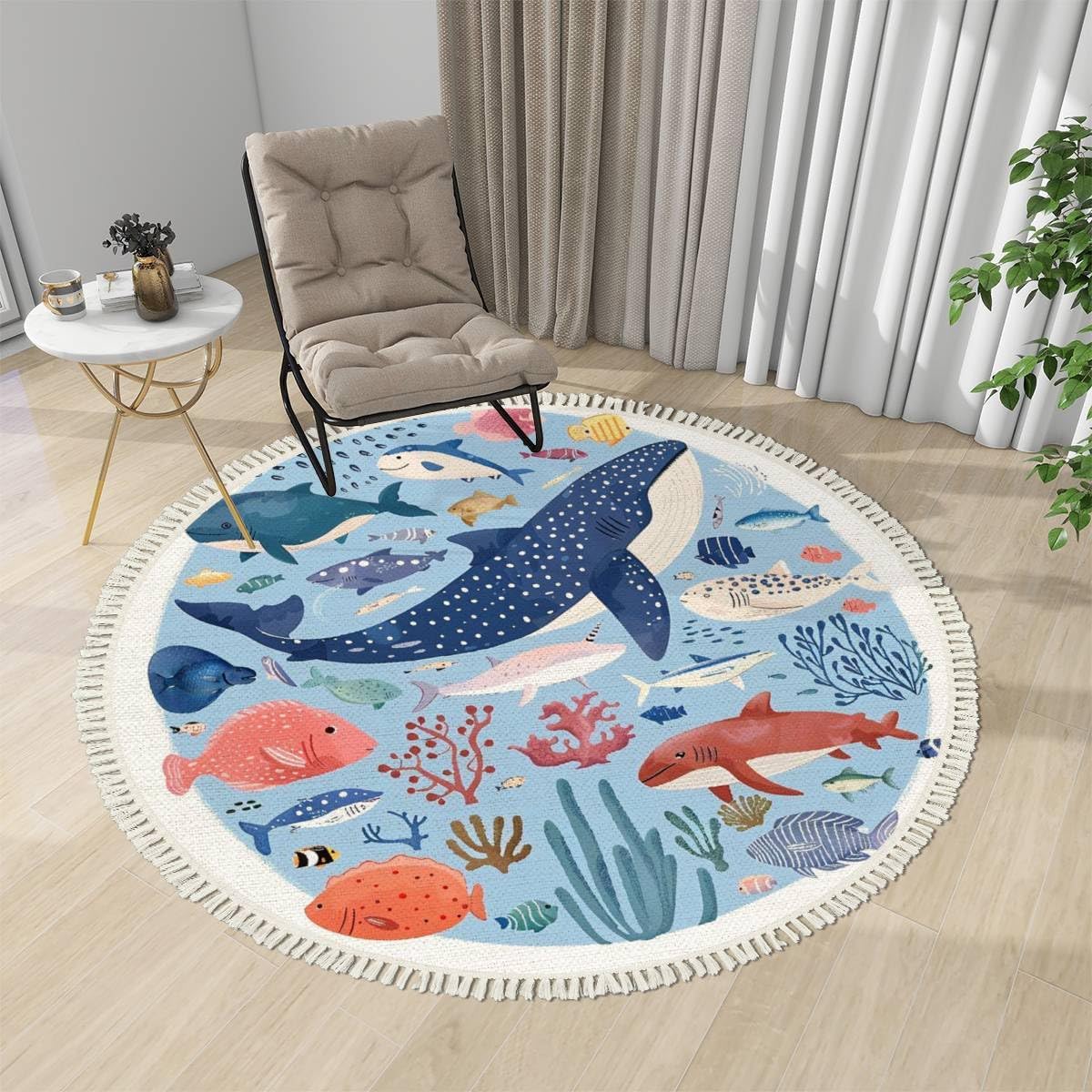 Round Rugs Cartoon Ocean Underwater Animals Seahorse Whale Fish Ocean sea Animals Boho Area Rug Linen and Cotton Carpet Meditation Rug Washable Hallway Runner Mat Accent Rug for Bedroom Nursery 3ft