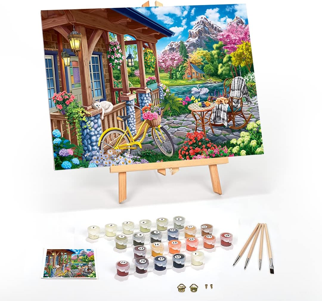Ledgebay Paint by Number for Adults Framed Canvas: Beginner to Advanced Number Painting Kit - Kits Include Acrylic Paints, (4) Brushes & Tabletop Easel (Colorful House Near The Lake 16" x 20" Framed)