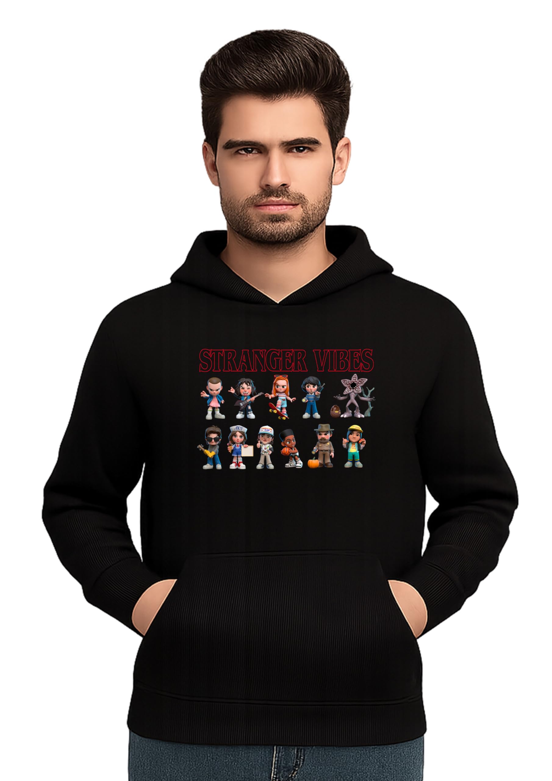 printabulous Stranger Vibes Hoodie, Cartoon Characters Graphic Print, Pullover Hoodie-picture-47