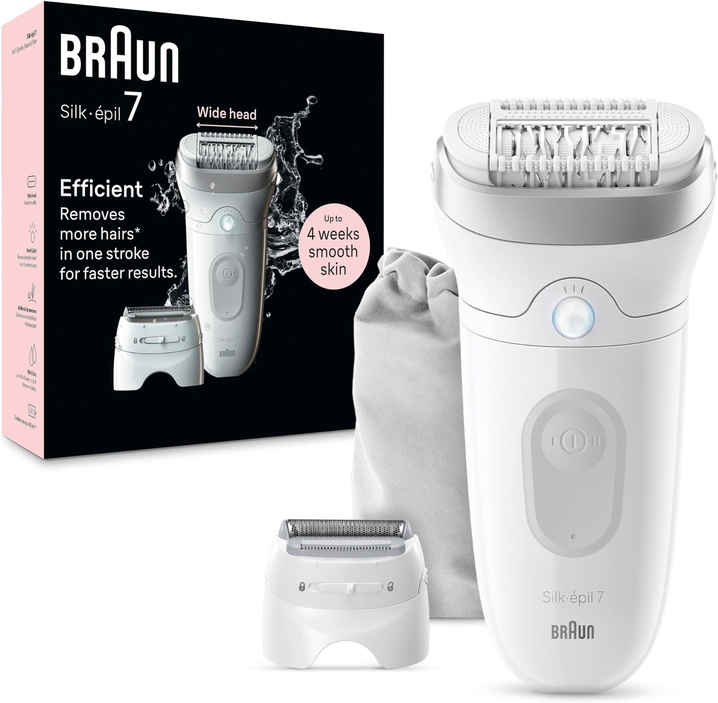 Epilator Silk-épil 7, Hair Removal Device, Women Shaver & Trimmer, Wet and Dry, Wide Head, Includes Shaver Head and Trimmer Comb, SE7-041, Silver