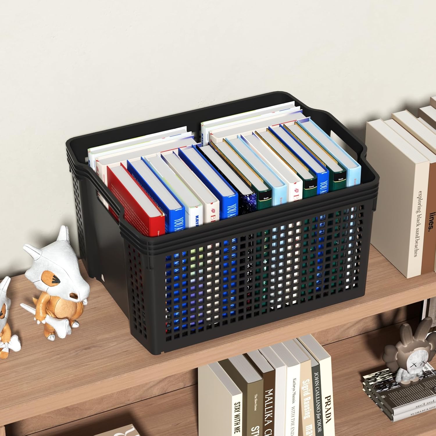 12 Pack Deep Plastic Storage Baskets, 14.37" x 10.70" x 7.12" Large Stackable Organizer Bins with Handles, Black