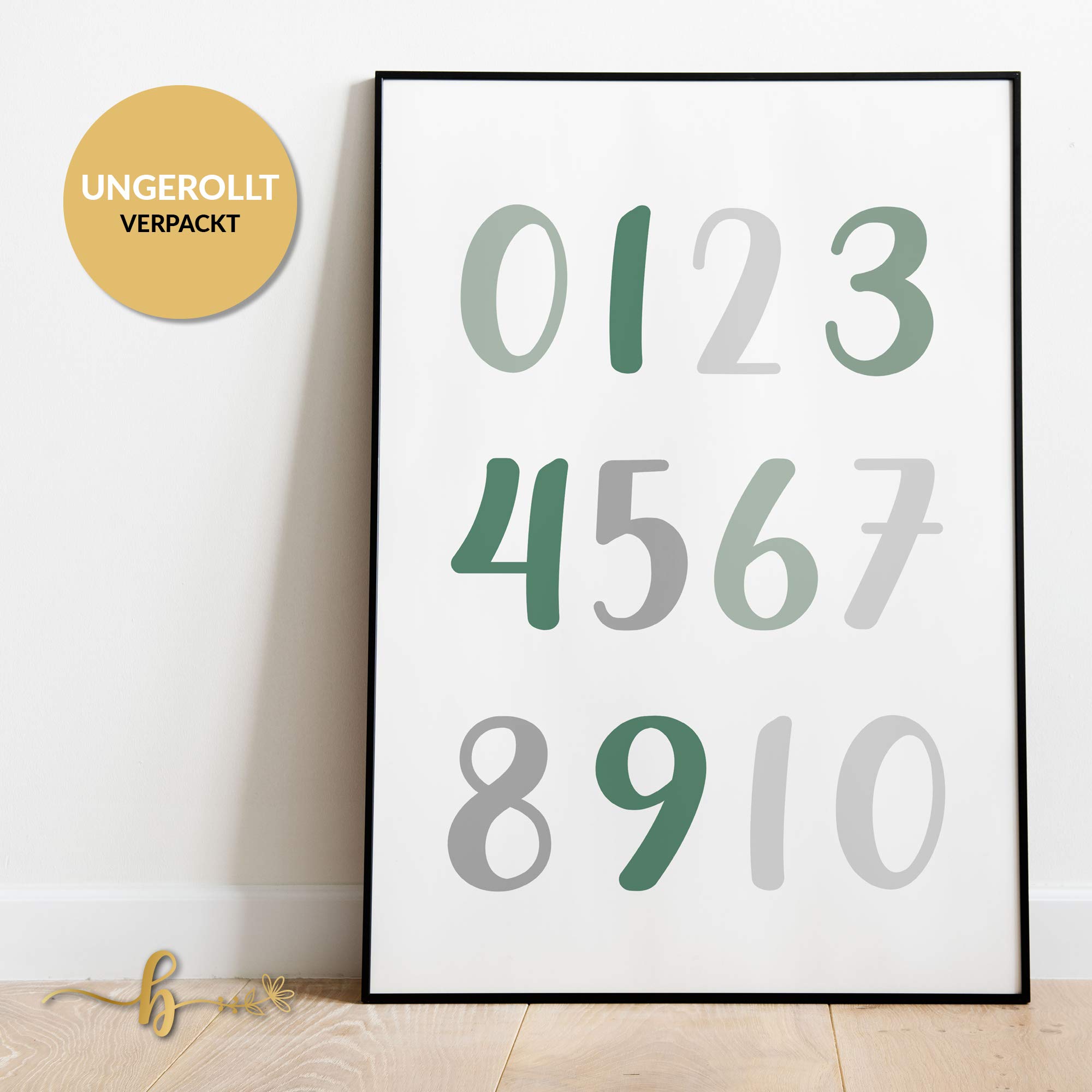 Lot de 4 posters décoratifs pour chambre d'enfant - Pour chambre de bébé garçon et fille - 4 images encadrées dans un cadre noir en bois - 4 x DIN A3 - « Alphabet vert »