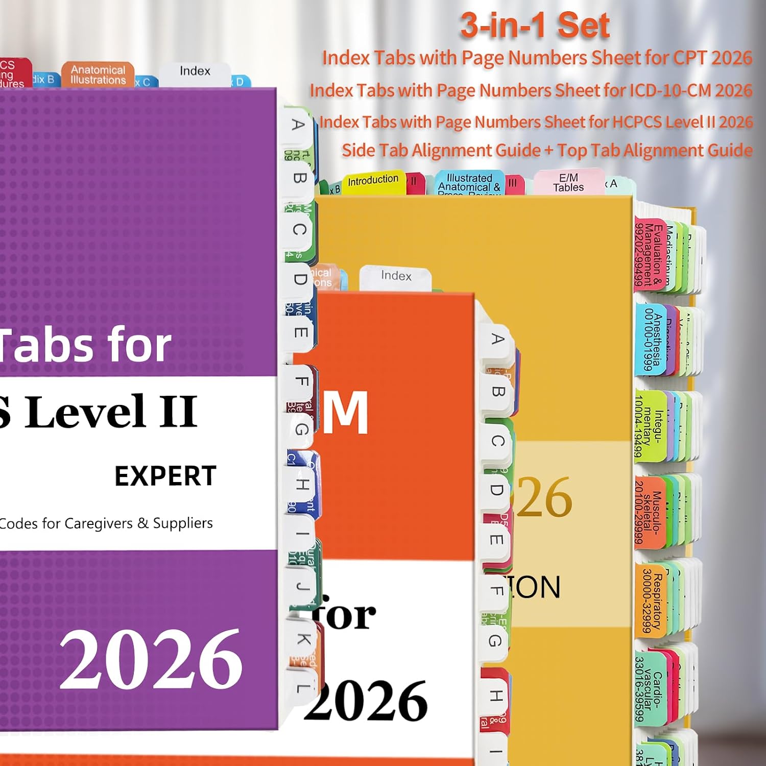 Index Tabs for 2026 CPT & ICD-10-CM Codebook (AAPC Version) & HCPCS Level II Book, Color-Coded & Laminated, Alignment Guide and Page Numbers Sheet Included, Tear-Resistant & Waterproof