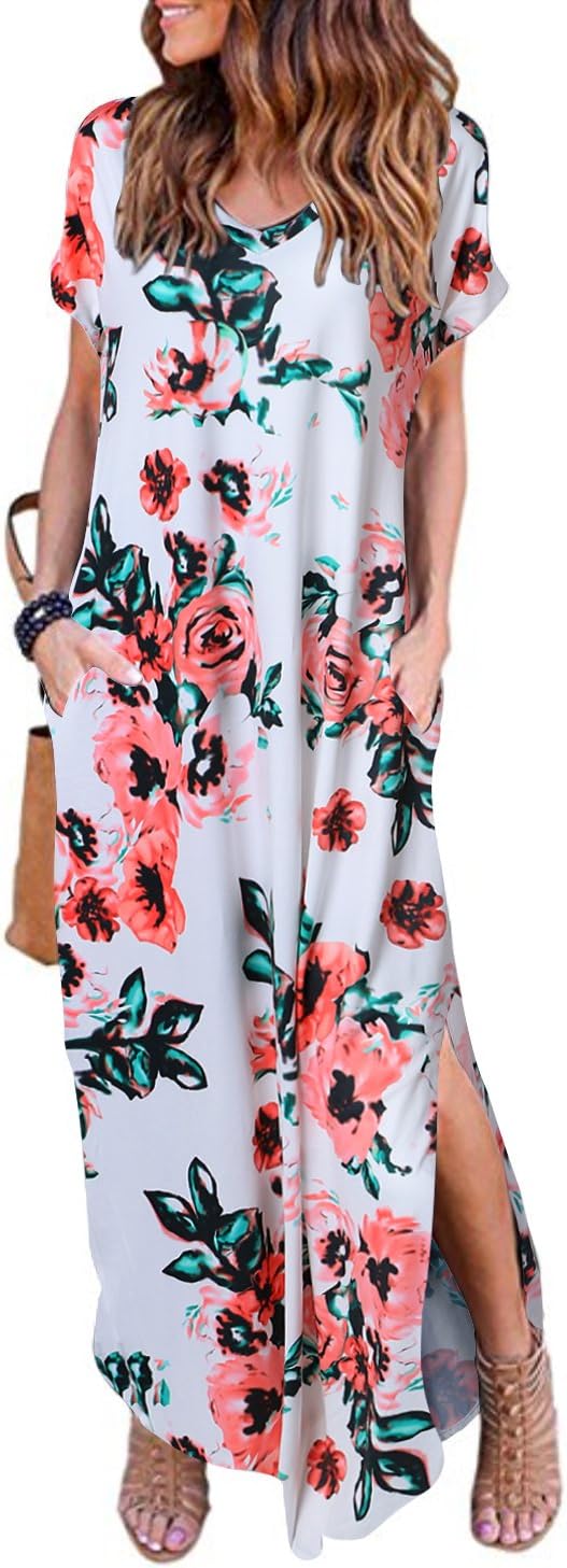 HUSKARY Women's Summer Maxi Dress Casual Loose Pockets Long Dress Short Sleeve Split