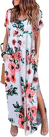 HUSKARY Women's Summer Maxi Dress Casual Loose Pockets Long Dress Short Sleeve Split