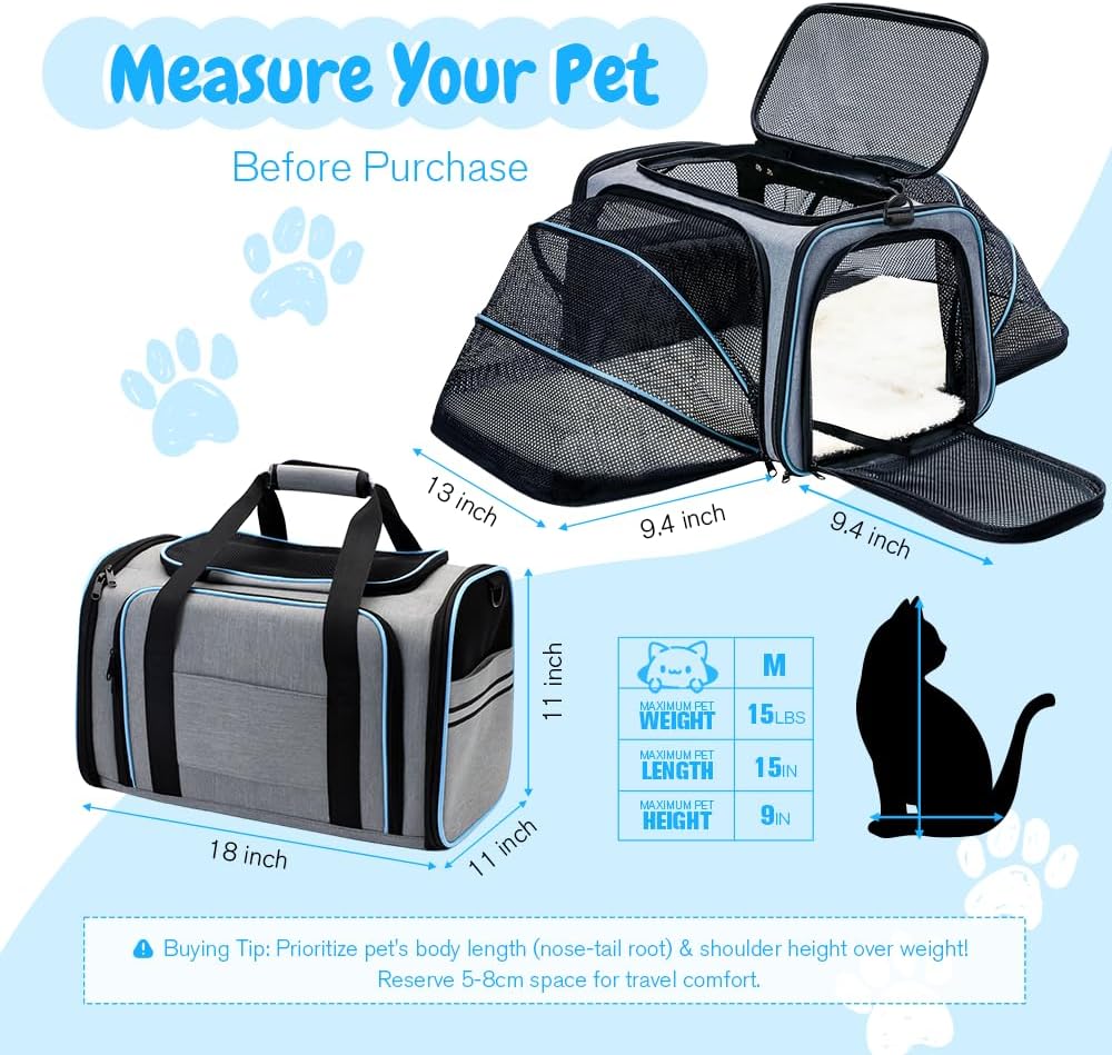 Double Expandable Cat Carrier,Airline Approved Soft-Sided Pet Travel Carrier for Small Dogs Cats under 15 lbs,Waterproof 600D Oxford Fabric with Washable Replacement Liner,Odor-Free & Claw-Proof(Blue)