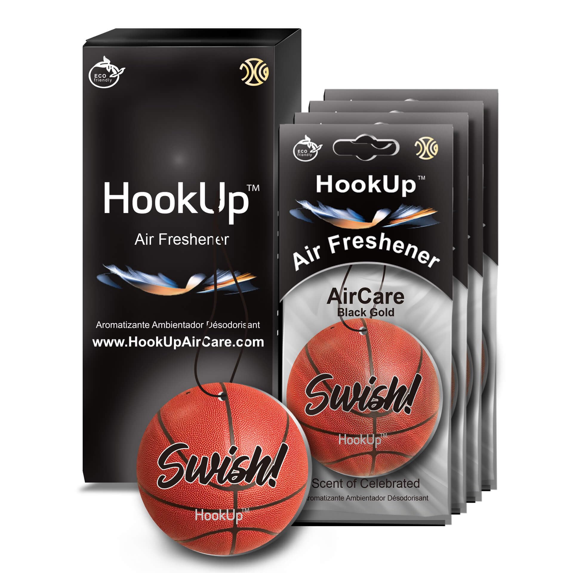 Basketball Car Air Freshener by HookUp - 4 Pack - Black Gold Scent (Extra Strong) | Unique Basketball Gift for Players, Coach, Fans | Hanging Car Accessory with Long Lasting Fresheners Smell