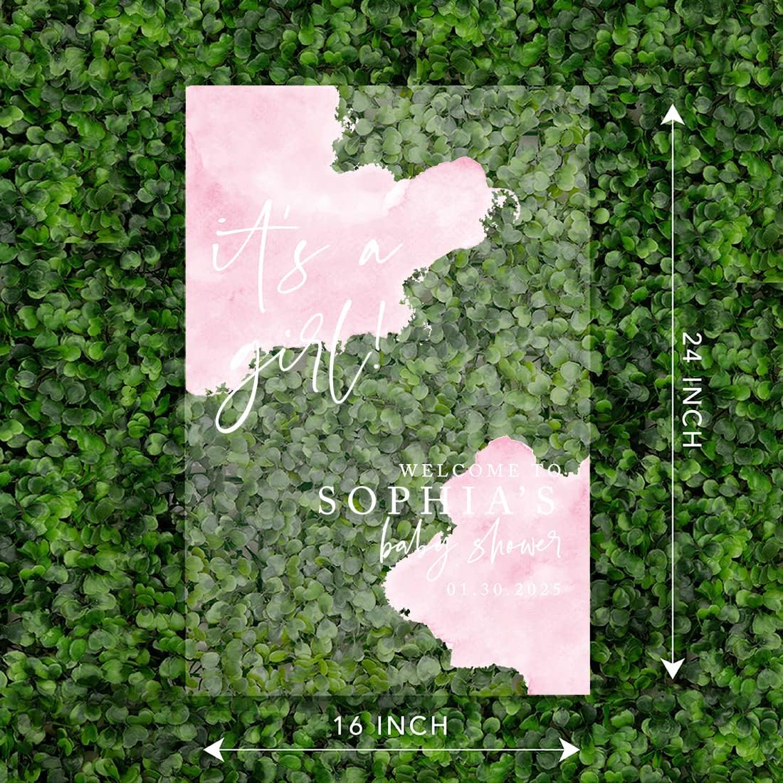 Andaz Press Custom Large Baby Shower Welcome Sign, 16" x 24", Watercolor Pink 'It's A Girl' Personalized Acrylic Welcome Sign for Sprinkle & Shower Decor