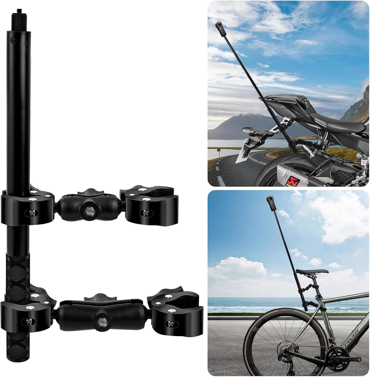 Motorcycle Bike Handlebar Double clamp Mount with Invisible Selfie Stick for Riding Tracking Shooting, Suitable for GoPro Hero 12/11/10/9/8 Insta360 X5 X4 X3 X2 ONE X/ONE/EVO