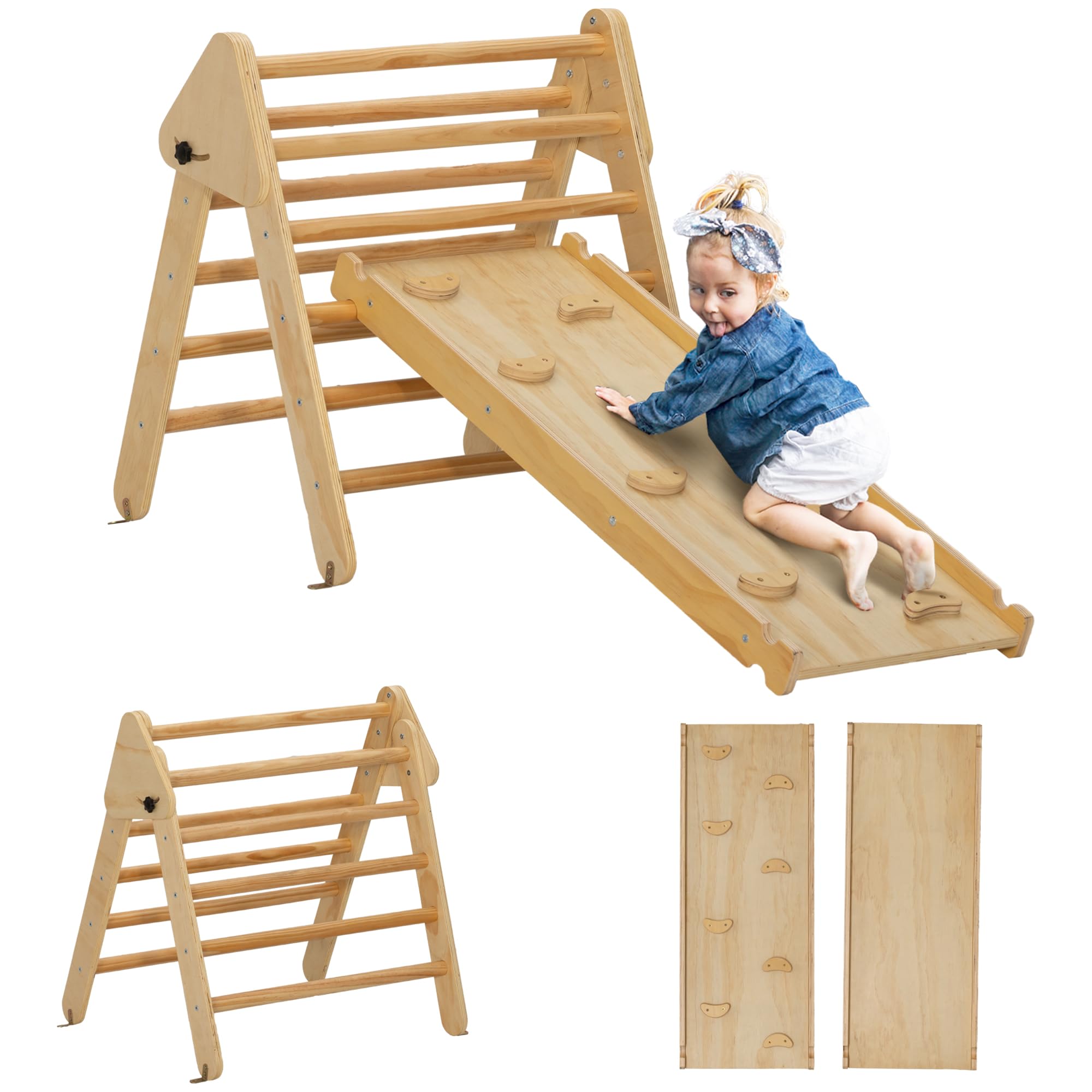 AIYAPLAY 3 en 1 Triángulo de Escalada Montessori, Escalada para Niños de Madera Plegable, para18-48 Meses, con Rampa, para Deslizarse o Escalar, 147x64,5 cm, Natural