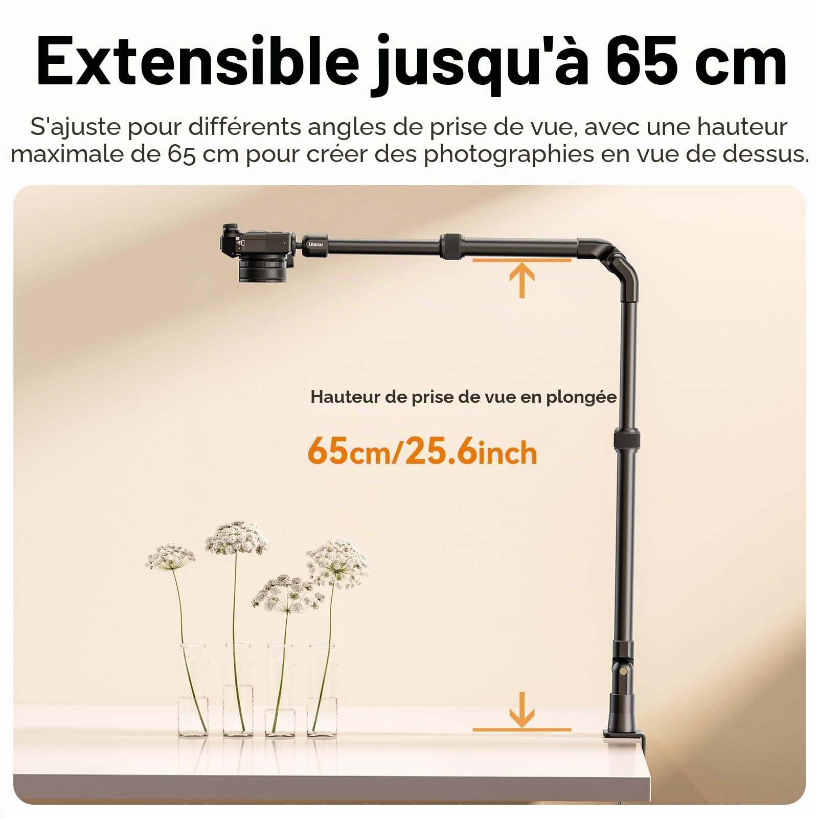 ULANZI ZJ02 98 cm Support deTable pour Caméra, Trépied Suspendu pour Streaming et Jeux Vidéo, Support d'éclairage avec Perche, Trépied à Pince avec rotule 360° pour Caméra/Anneau Lumineux