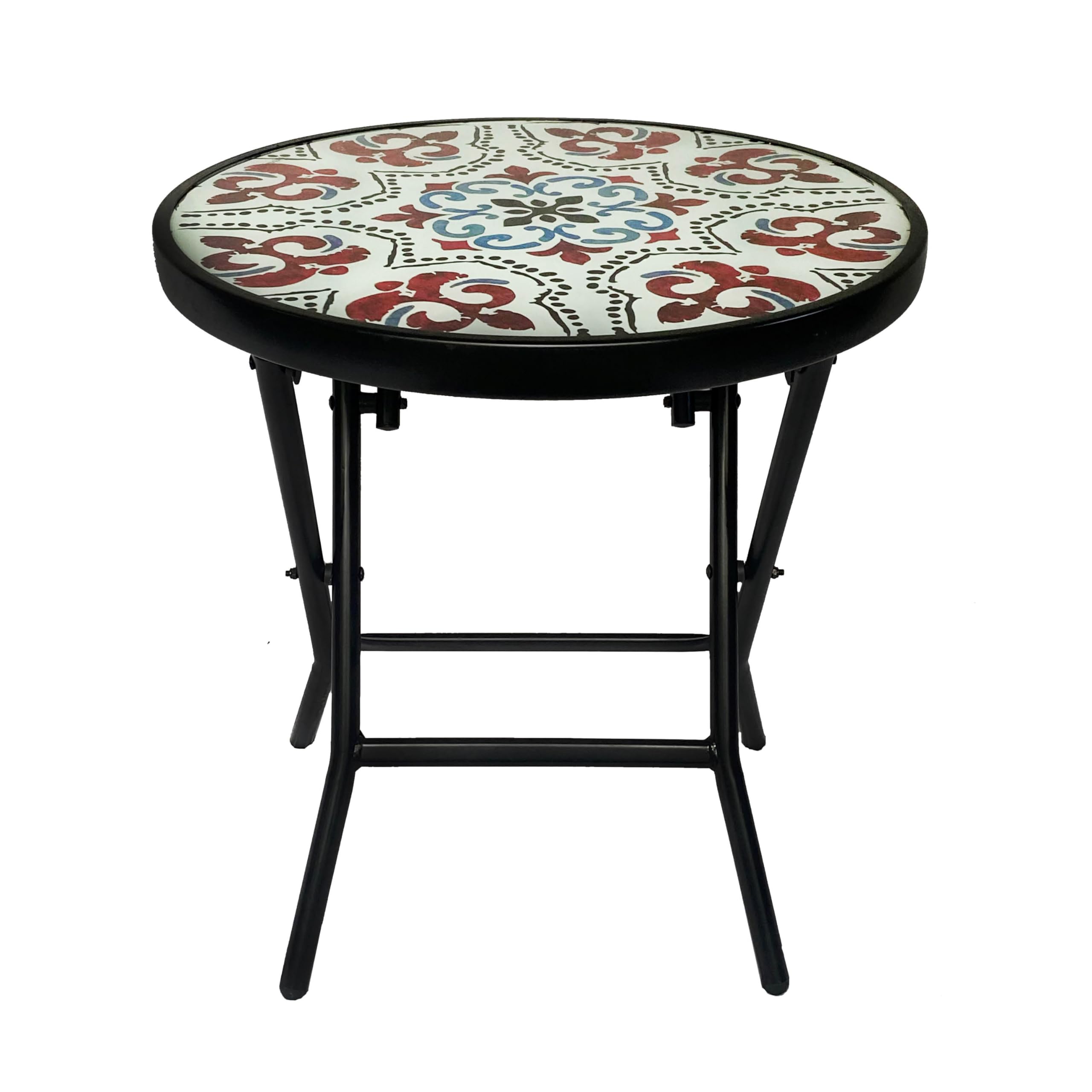 BACKYARD EXPRESSIONS PATIO · HOME · GARDEN 906122-NW Folding Glass Patio Side Table-Mosaic Pattern-18 Inch, Offwhite